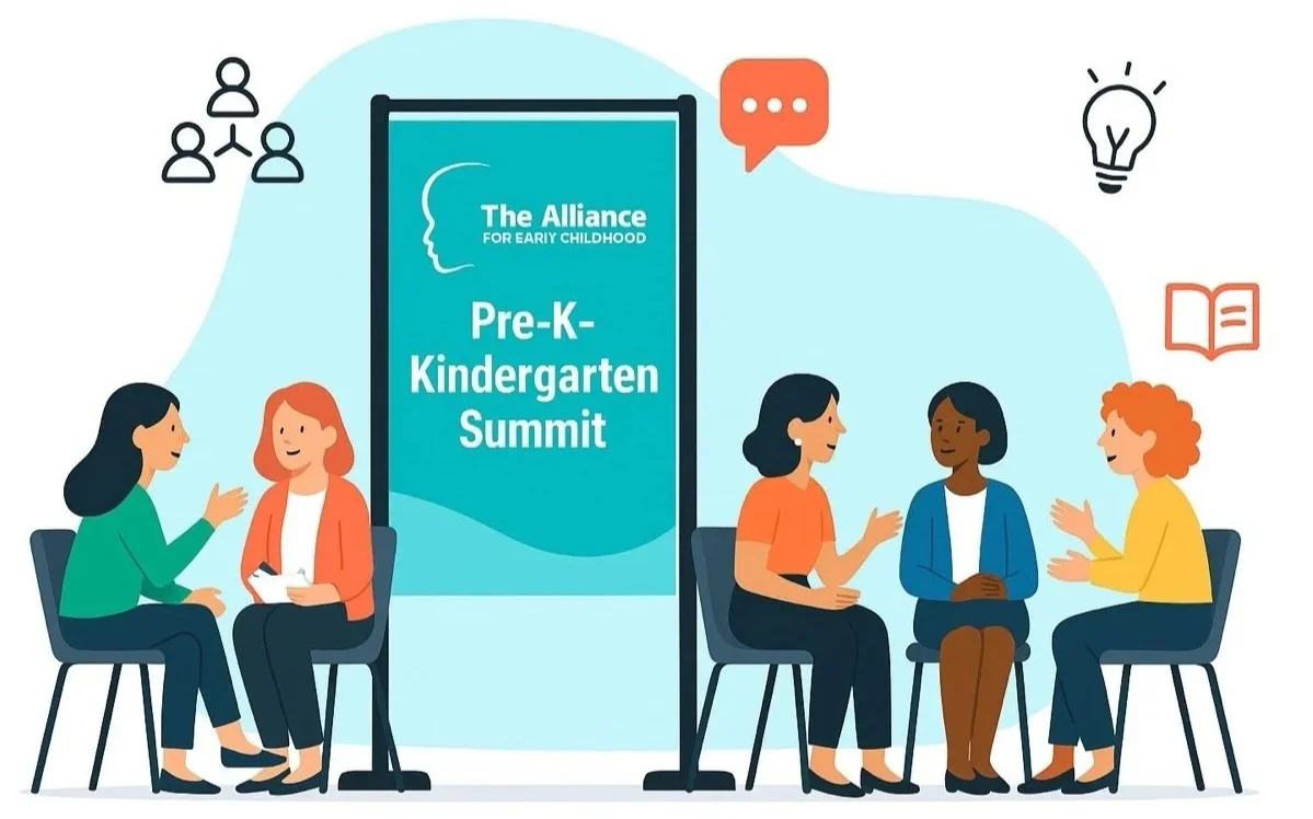 Illustration of four women sitting and talking in two pairs at a Pre-K and Kindergarten summit organized by The Alliance for Early Childhood, with icons of people, a speech bubble, a light bulb, and a book surrounding them.