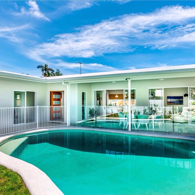 Sparkling blue pool! Yes please! Our client brief was to knock down the existing house which was in a state of no repair but to retain the pool. I must say I was skeptical, but the pool re-vamp has turned out amazing and the design of the house aroun