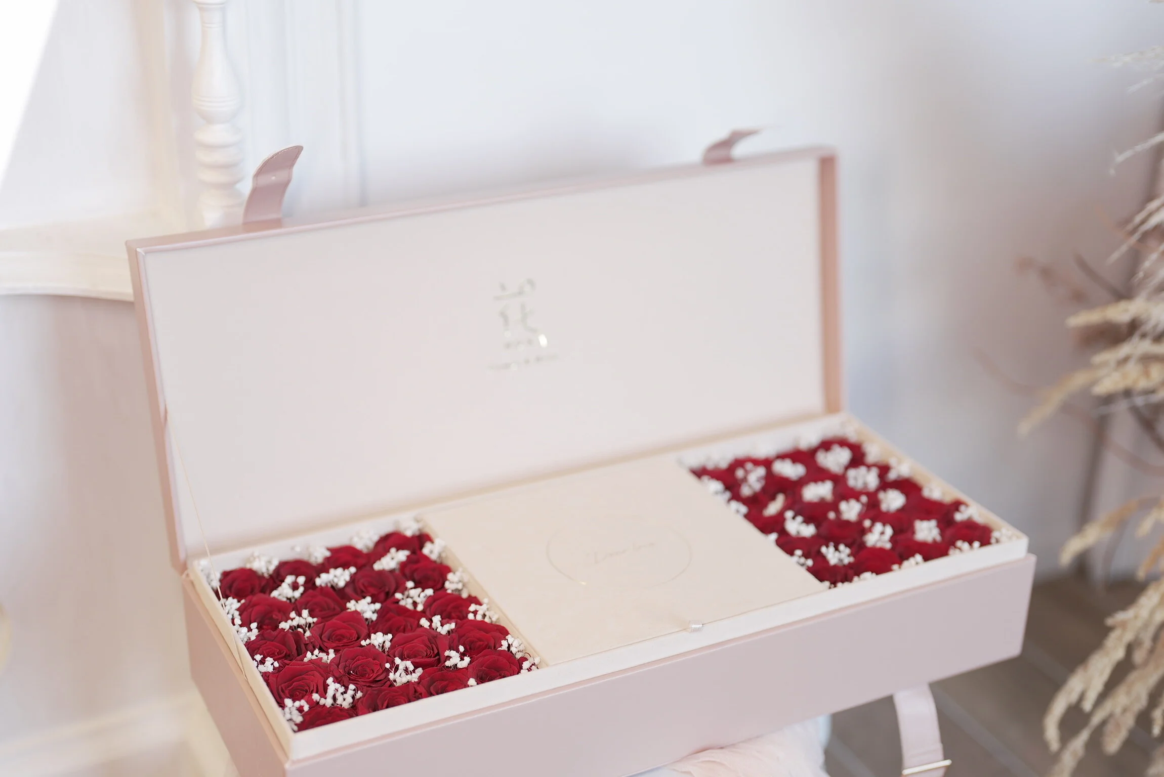 Preserved fresh flowers in silk box with draw