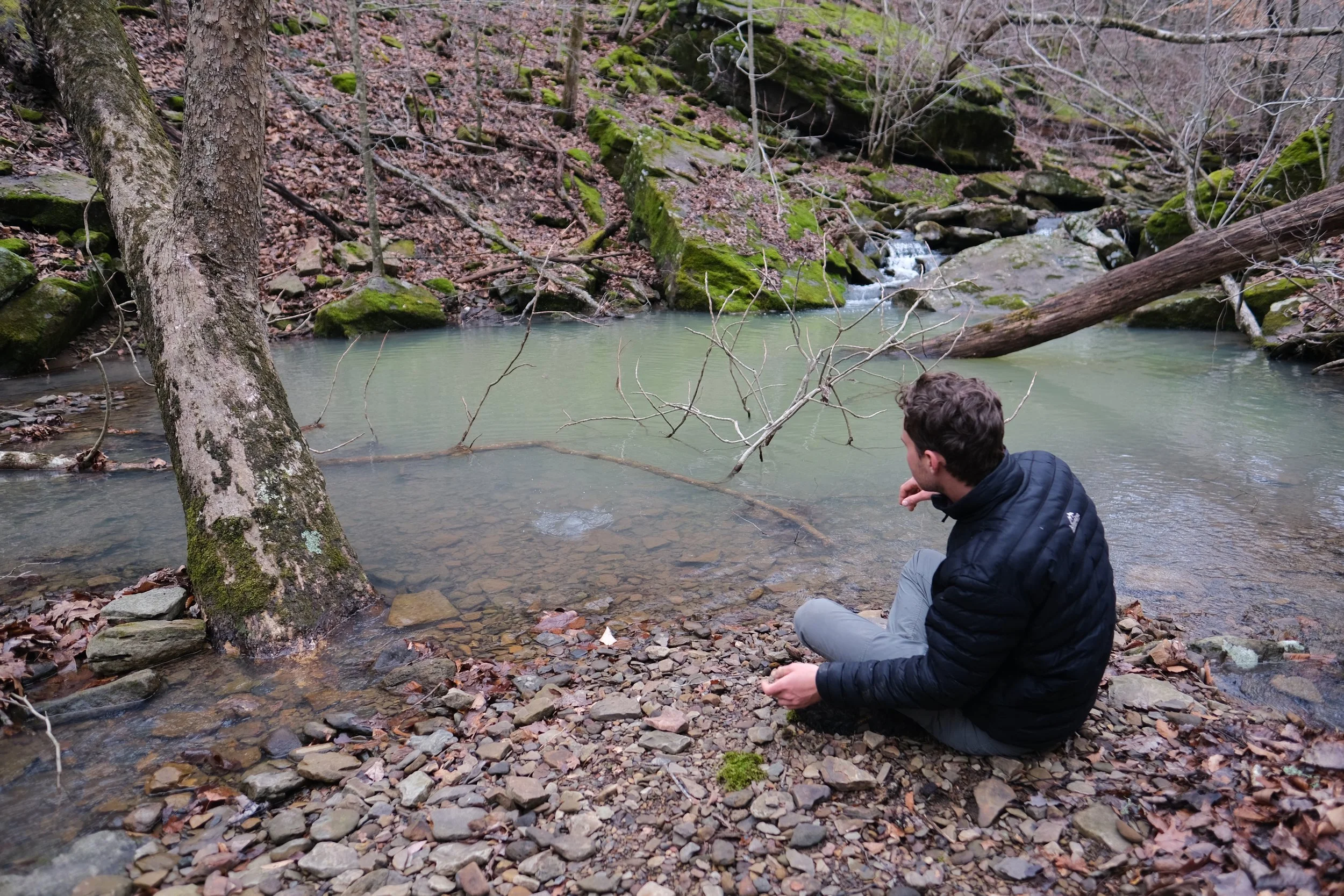  Oliver skipping a rock in the creek. Taken on March 18, 2022, in the Ozark-St. Francis National Forest, Arkansas. 