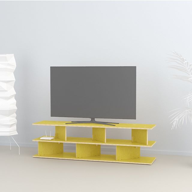 Neubau TV console in yellow laminate over birch plywood. Minimalist and sculptural design. Flat pack, simple plug-in assembly without tools. Designed by Ronen Kadushin

#fitfurniture #furniture #design #interiordesign #DIY #furnituredesign #opendesig