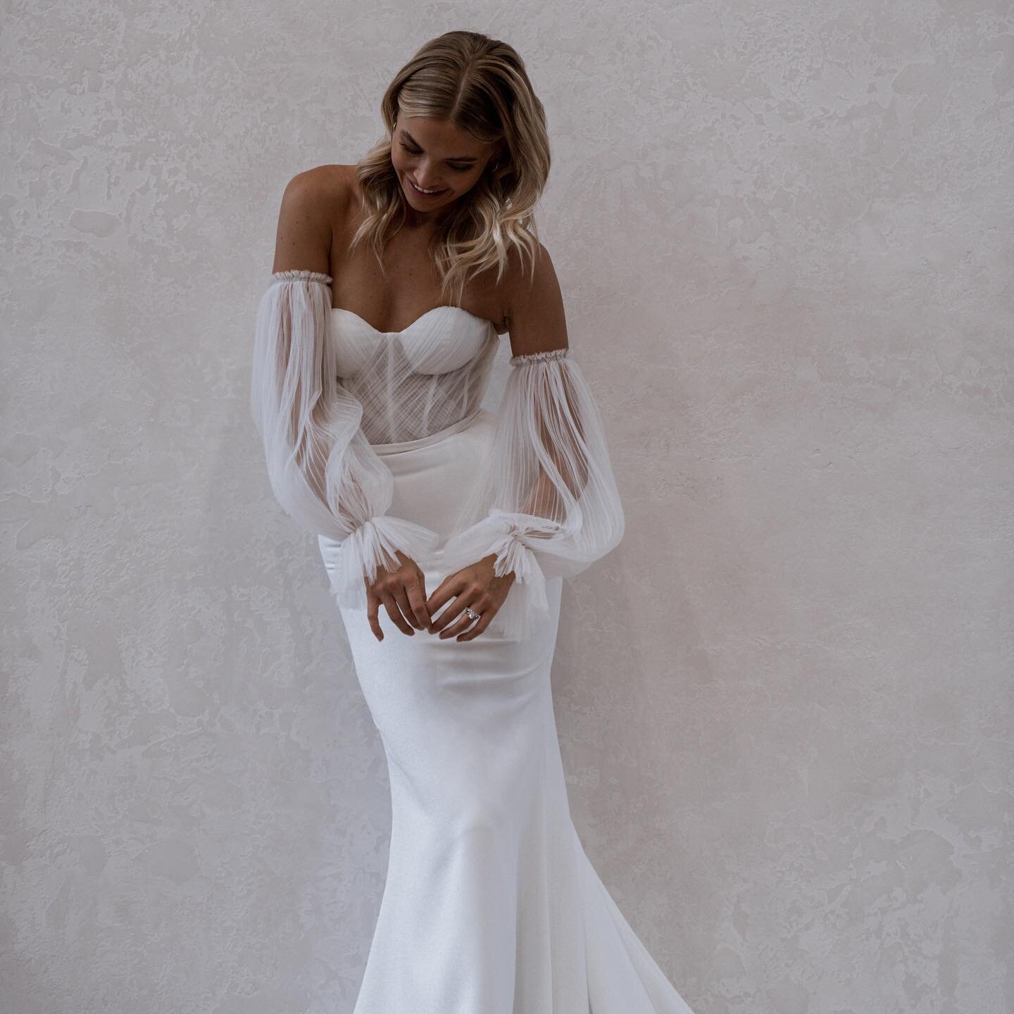 PIPPA&bull; fine pleated tulle strapless gown with the most amazing sleeves&hellip;. So beautiful @madewithlovebridal #whitebridewales #madewithlovewales #bridalboutiquenarberth #luxury #frenchcrepe