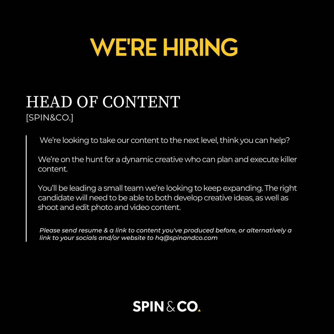 Spin&amp;Co. is looking for a Head of Content! If you think this is you &amp; you meet the above criteria please apply via link in bio or email hq@spinandco.com. Please note this position is a full-time Gold Coast based role. 

#spinandco #job #goldc