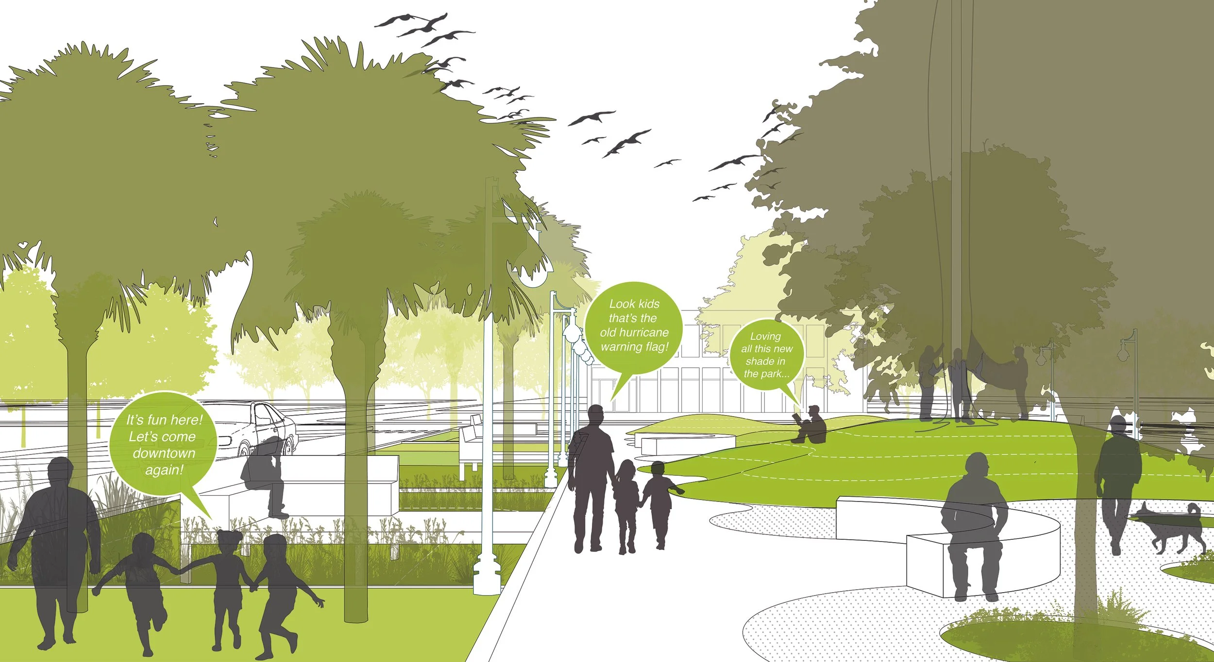   A renovated Memorial Park will improve pedestrian connectivity, elevate environmental performance, and support business development.  