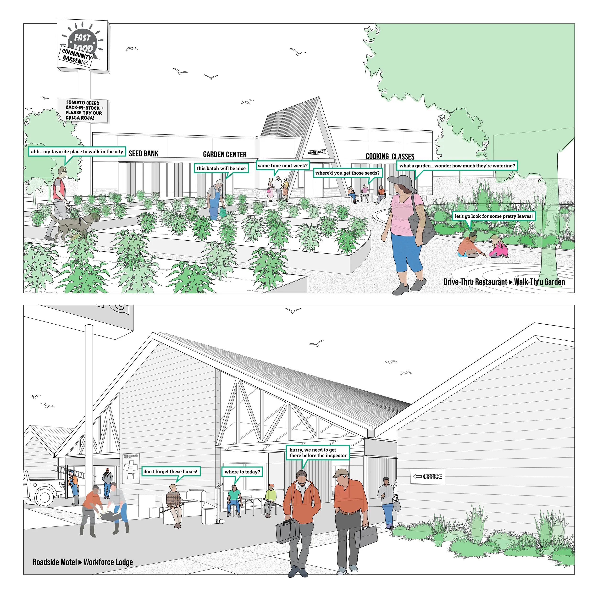   Views at Retrofits for Drive-Thru Restaurant and Roadside Motel.  