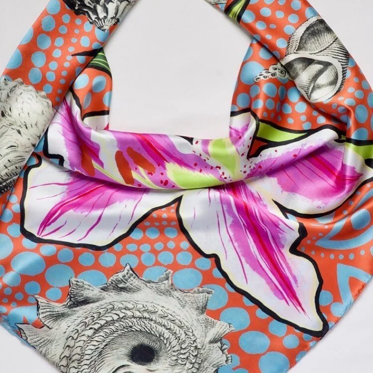 This is the Lily scarf printed on the finest silk satin by The Silk Bureau, specialists in their field. The colours are reproduced exactly as the painting and the quality of the silk is superb.  #katetomsscarves #katetoms.com #thesilkbureau