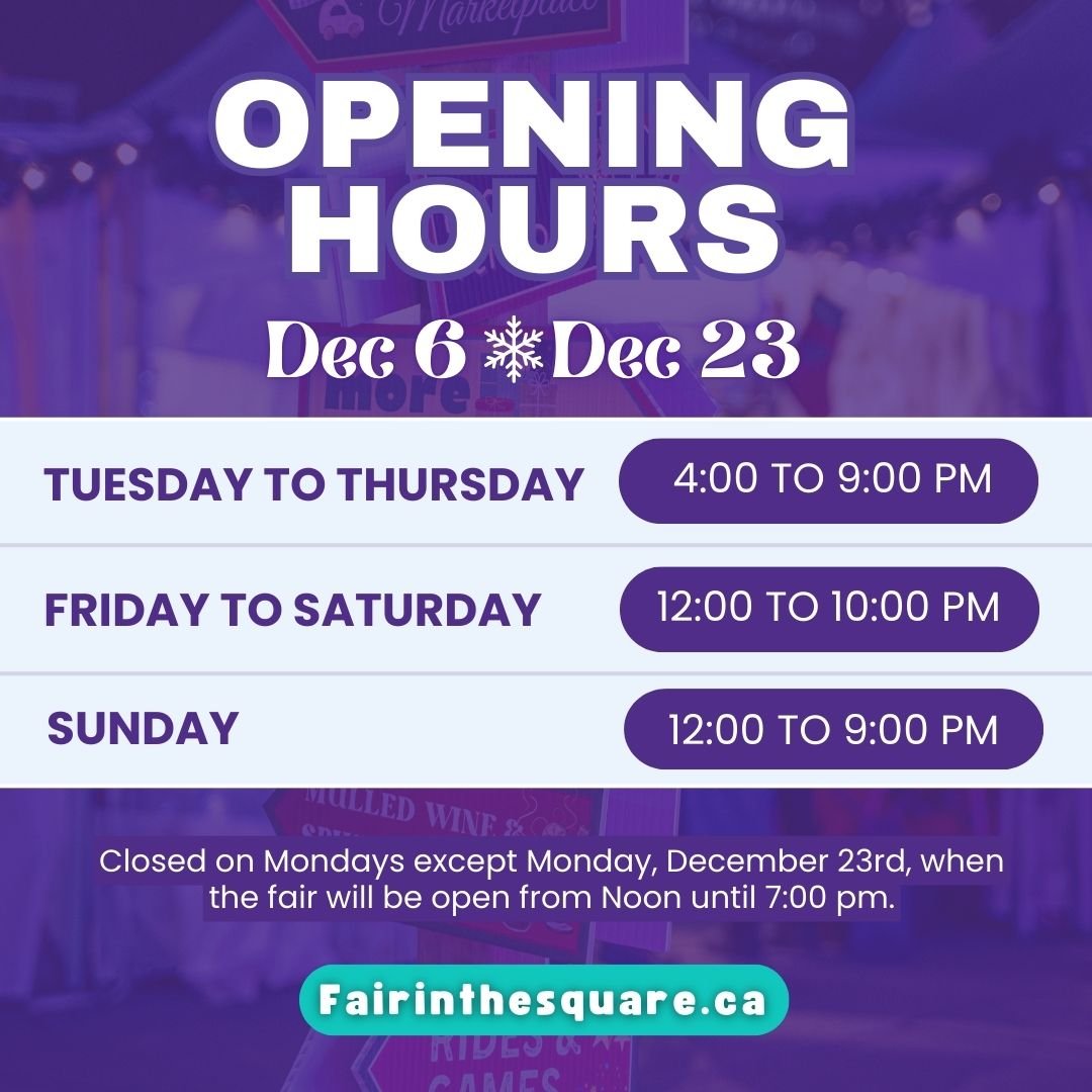 The Holiday Fair in the Square is back at Mel Lastman Square from December 6th to 23rd!
🕒 Hours:
Tuesday to Thursday &ndash; 4:00 PM to 9:00 PM
Friday to Saturday &ndash; 12:00 PM to 10:00 PM
Sunday &ndash; 12:00 PM to 9:00 PM

📅 Special Monday Ope
