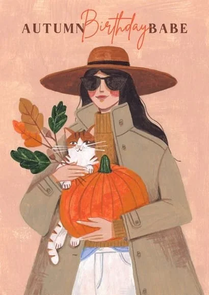 🐈 CAT 🐈 Een leuke sfeervolle moderne herfstkaart met een vrouw in hippe herfst outfit en haar kat in haar armen, en natuurlijk ontbreekt de pompoen niet&hellip; Stuur nu deze leuke kaart!⁣
👉🛍Shop my instagram🌟Link in Bio!🌟⁣
.⁣
.⁣
.⁣
#carolinebo