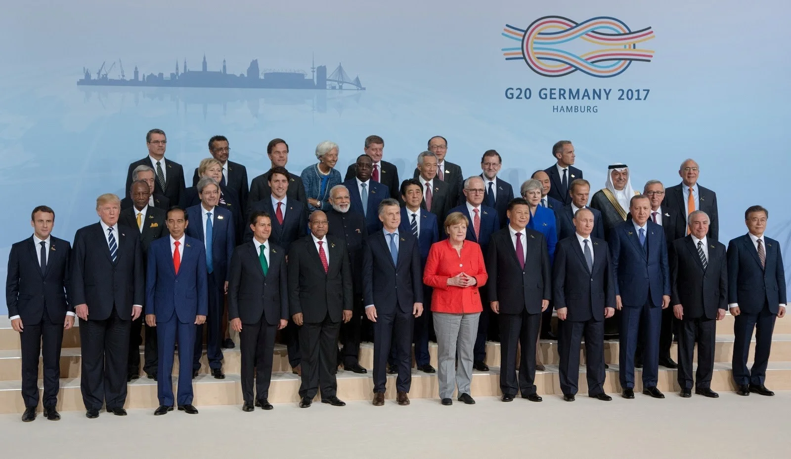 The 2017 "family photo" from the G20 summit with just three women: Angela Merkel, the Chancellor of the host nation Germany, Theresa May, the British prime minister and Norway’s Prime Minister Erna Solberg. IMAGE: Reuters.
