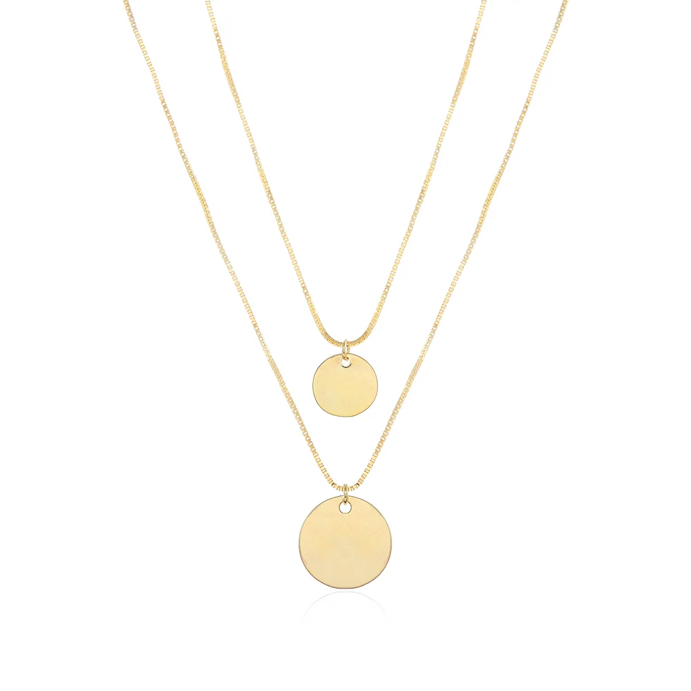 Gold Wave Box Chain Double Disc Layered Necklace