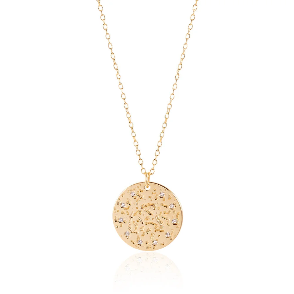 Gold Hammered Full Moon Pavé Necklace