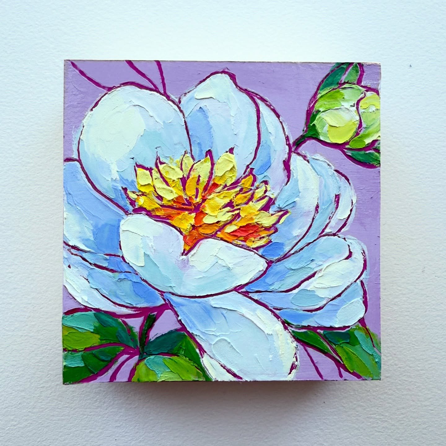 AVAILABLE
&ldquo;Peony Memory&rdquo; 4&rdquo;x4&rdquo;x1.5&rdquo;, $80
Oil and cold wax medium on Arches oil paper mounted to a cradled wooden panel. Framing available for an additional charge. Comment &ldquo;SOLD&rdquo; or DM me if you would like to