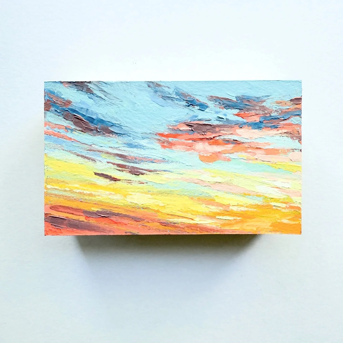 AVAILABLE
September Landscape 13; 5”x3”x1.5”, $75
Oil and cold wax medium on Arches oil paper mounted to a cradled wooden panel. Framing available for an additional charge. Comment “SOLD” or DM me if you would like to c