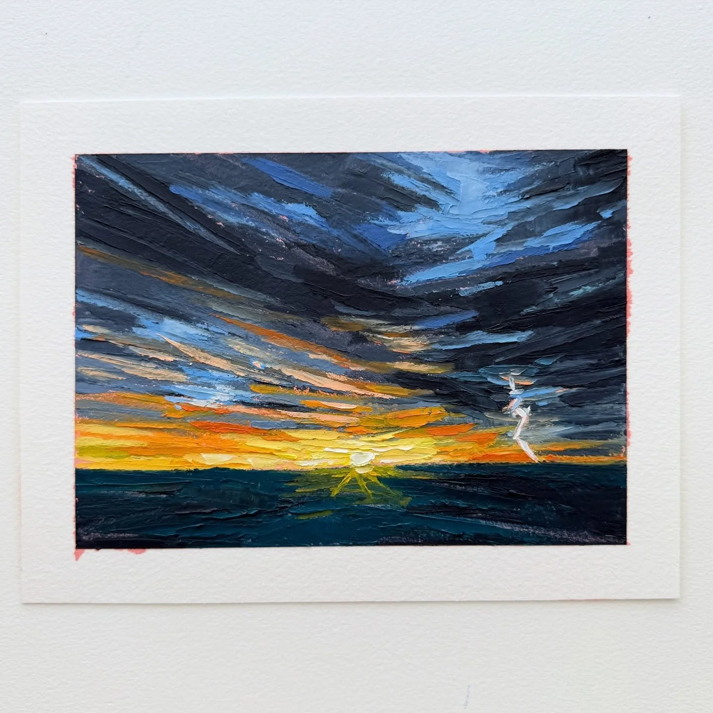 AVAILABLE
Day 57 The 100 Day Project 2026
7&rdquo;x5&rdquo; Oil and Cold Wax on Arches Oil Paper
$75, plus shipping&nbsp;

Ironic to be painting a stormy sky on such a beautiful sunny day, but I love a lightning filled sky and it worked with the pale