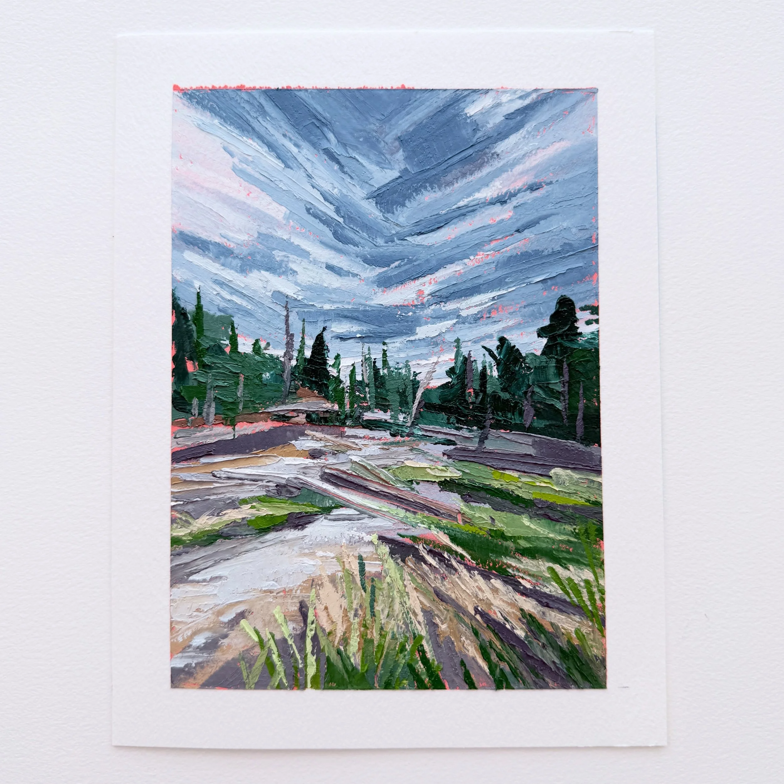 AVAILABLE
Day 61 The 100 Day Project 2026
5&rdquo;x7&rdquo; Oil and Cold Wax on Arches Oil Paper
$75, plus shipping

Last week a friend sent me a photo he took while fly-fishing. This is the first of a few quick studies inspired by that photo. The ph