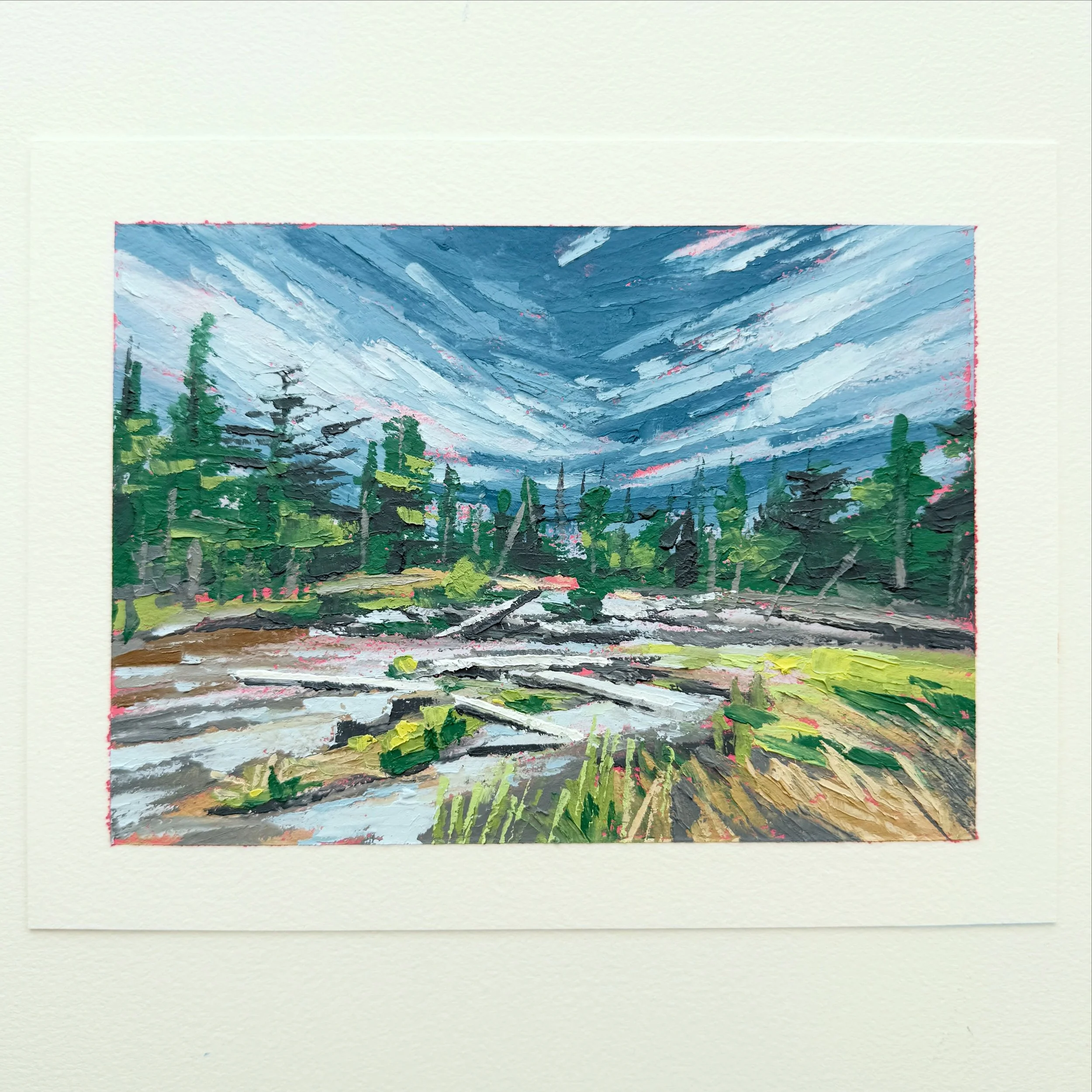 AVAILABLE
Day 62 The 100 Day Project 2026
7&rdquo;x5&rdquo; Oil and Cold Wax on Arches Oil Paper
$75, plus shipping

Another quick river study from the photo a friend sent me. This week is a busy one packed with all sorts of appointments and things t