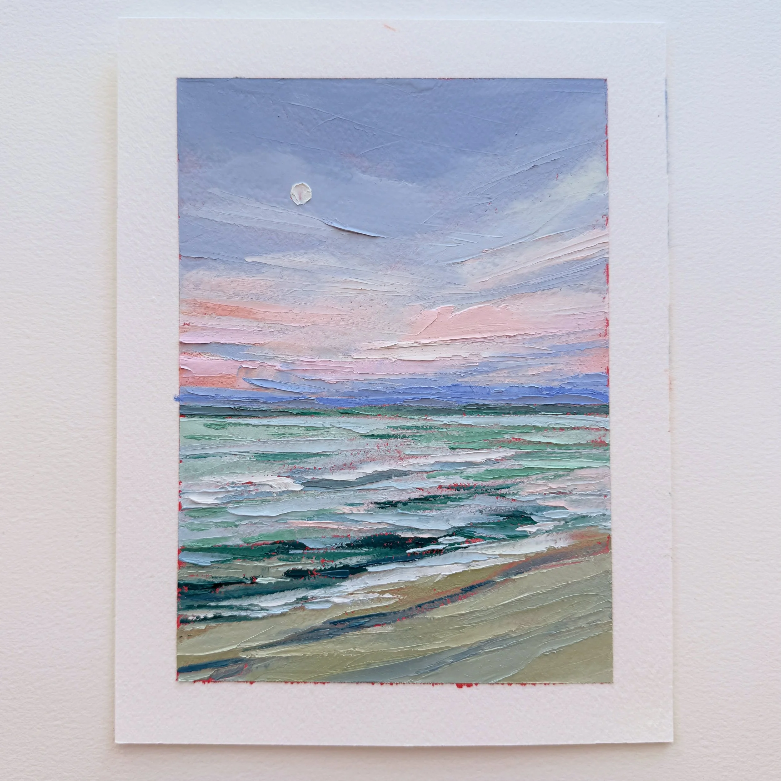 AVAILABLE
Day 71 The 100 Day Project 2026
5&rdquo;x7&rdquo; Oil and Cold Wax on Arches Oil Paper
$75

This feels like a deep cleansing breath. I guess I am capable of showing some restraint with color. Inspired by a photo of a sunrise Long Island bea