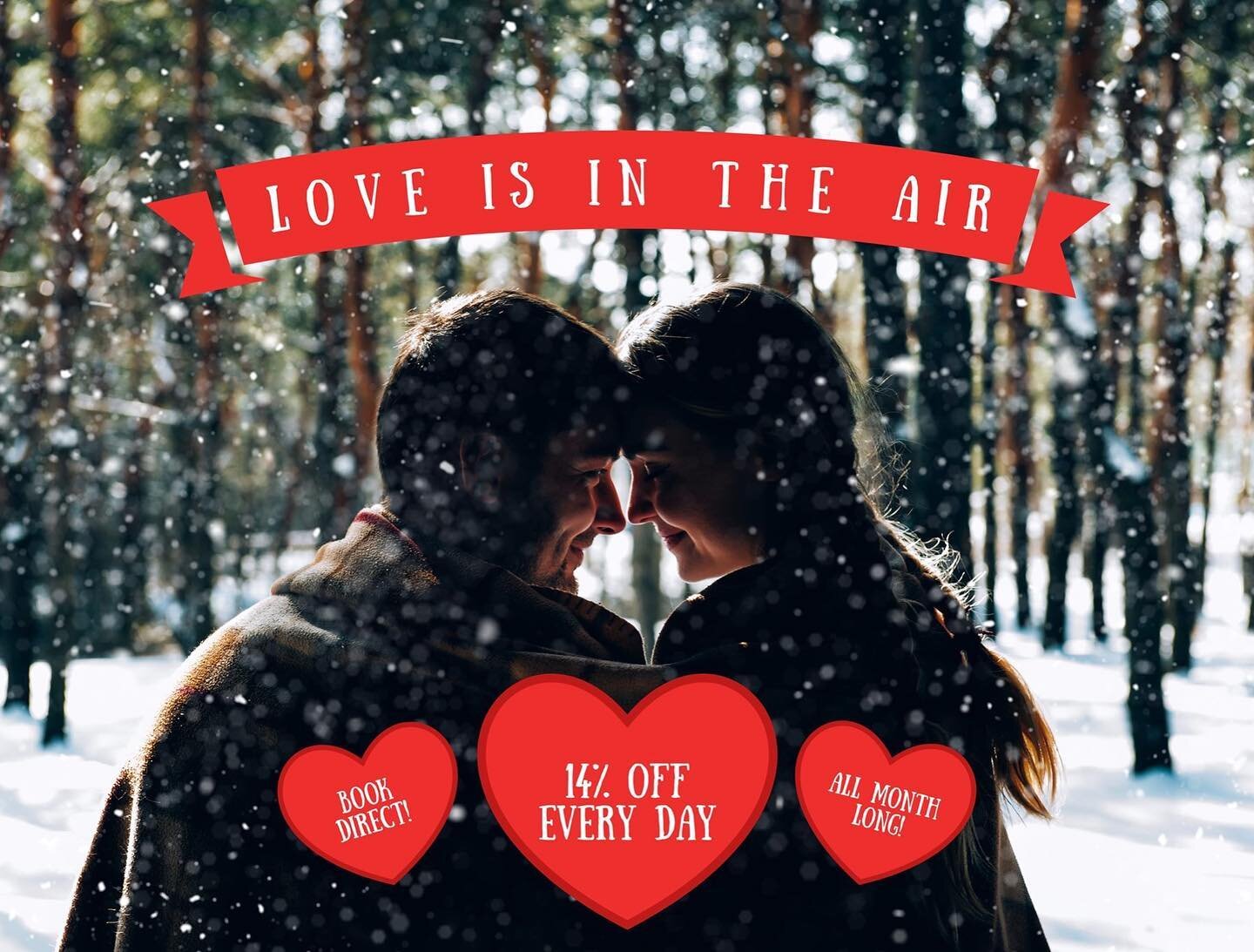 Celebrate your Love in our beautiful Valley! 

Save all the month of February with our &quot;Love is in the air&quot; promo available now in our website! #Bookdirect
.
.
#estespark #discoverylodge #valentines #holidaysavings #ecotourism #rmnp #colora