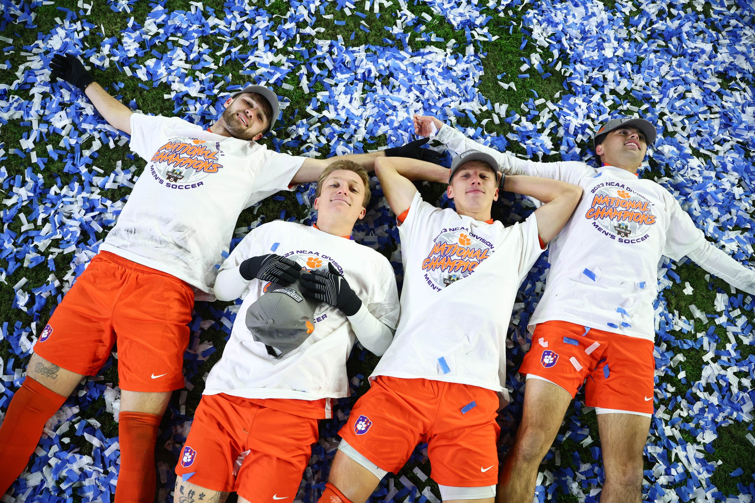  LOUISVILLE, KENTUCKY - DECEMBER 11: The Clemson Tigers celebrate after defeating the Notre Dame Fighting Irish during the Division I Men’s Soccer Championship held at the Lynn Family Stadium on December 11, 2023 in Louisville, Kentucky. (Photo by Ja