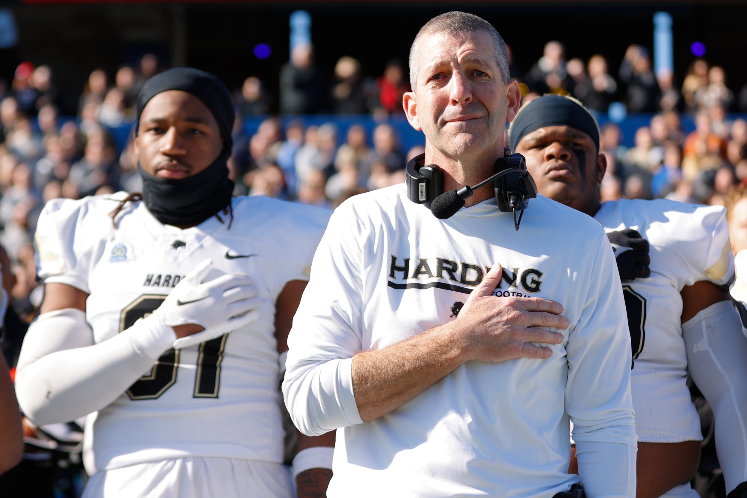  MCKINNEY, TEXAS - DECEMBER 16: Head coach Paul Simmons of Harding Bisons looks on before the game against the Colorado School of Mines Orediggers during the Division II Football Championship held at McKinney ISD Stadium on December 16, 2023 in McKin