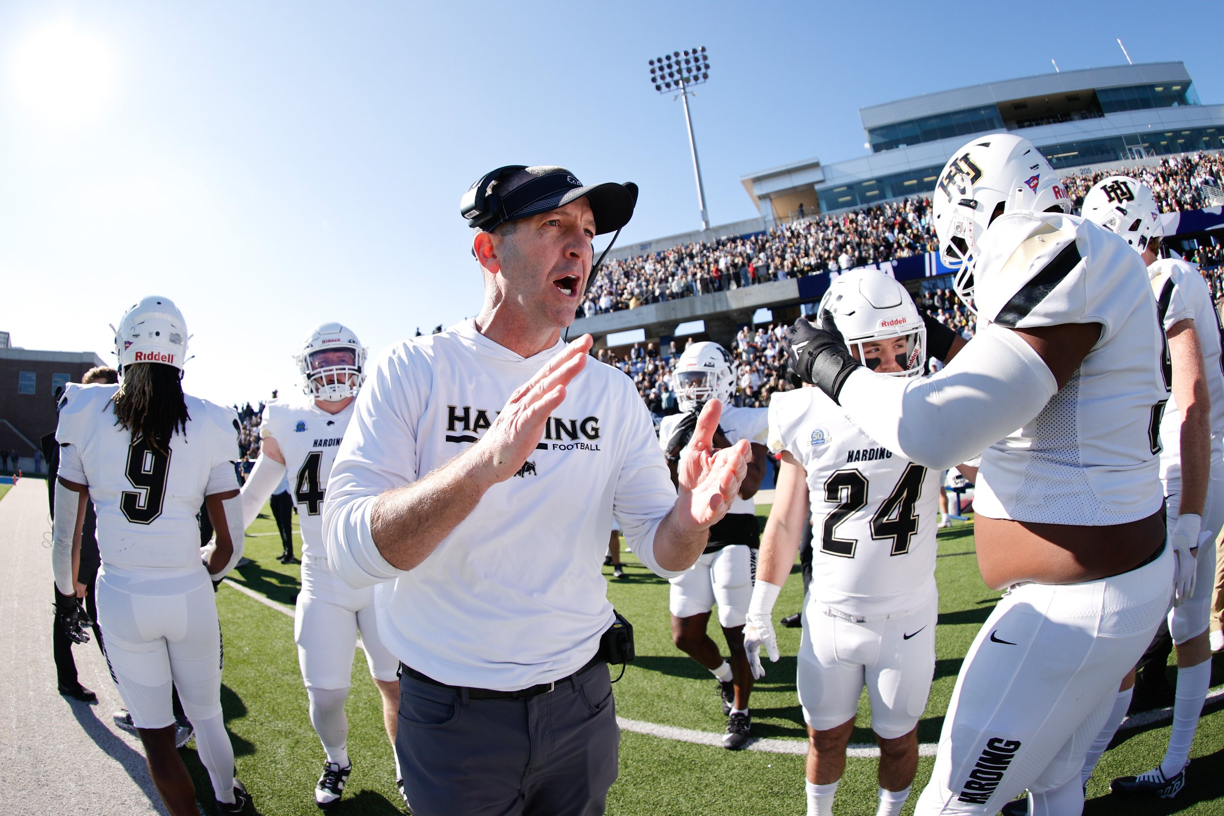  MCKINNEY, TEXAS - DECEMBER 16: EDITORS NOTE: image has been taken with a fisheye lens) Head coach Paul Simmons of Harding Bisons reacts before kick off against the Colorado School of Mines Orediggers during the Division II Football Championship held