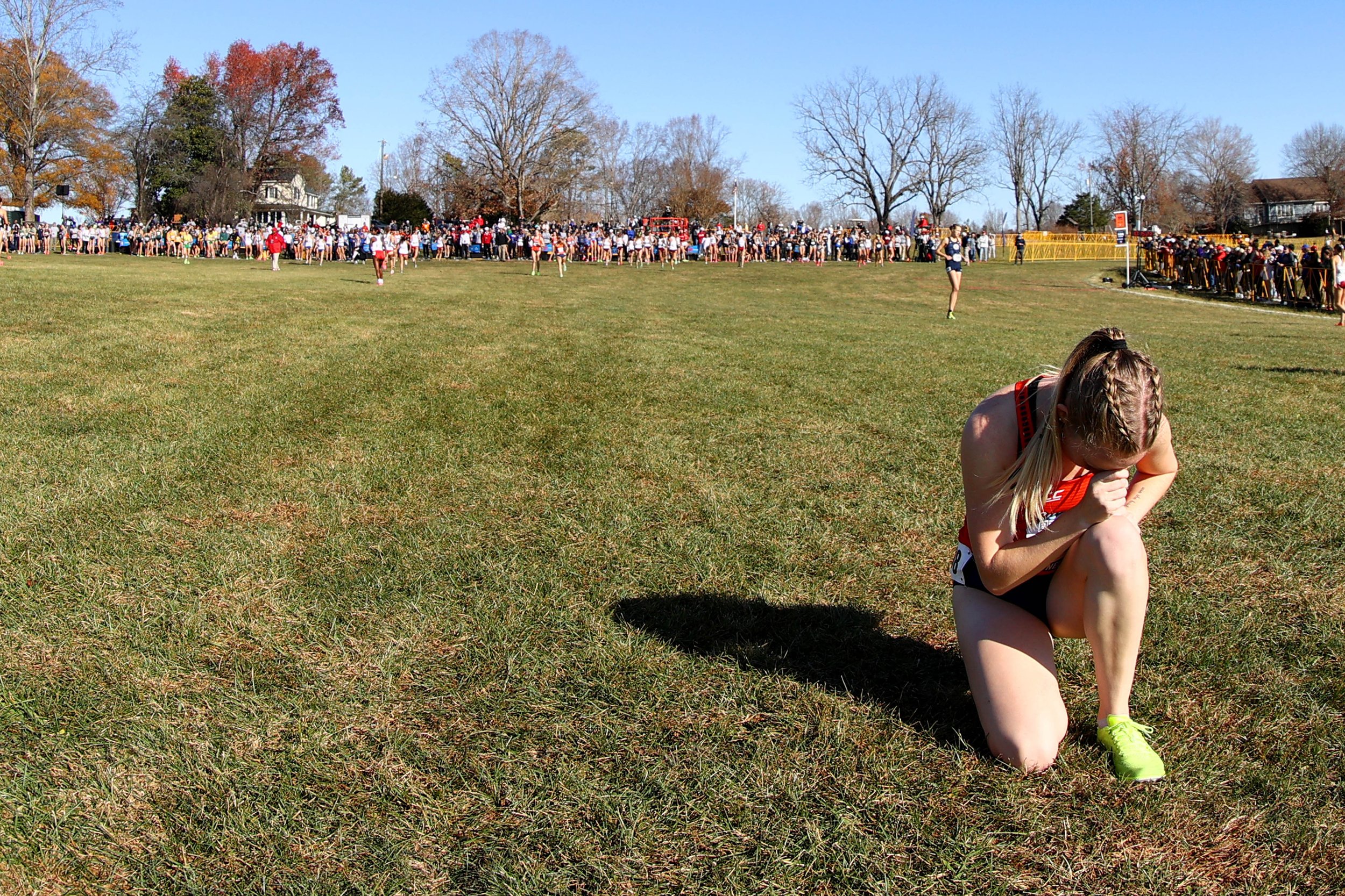 EARLYSVILLE, VIRGINIA - NOVEMBER 18: A runner prays prior to the Division I Men’s and Women’s Cross Country Championship held at Panorama Farms on November 18, 2023 in Earlysville, Virginia. (Photo by Jamie Schwaberow/NCAA Photos via Getty Images) 