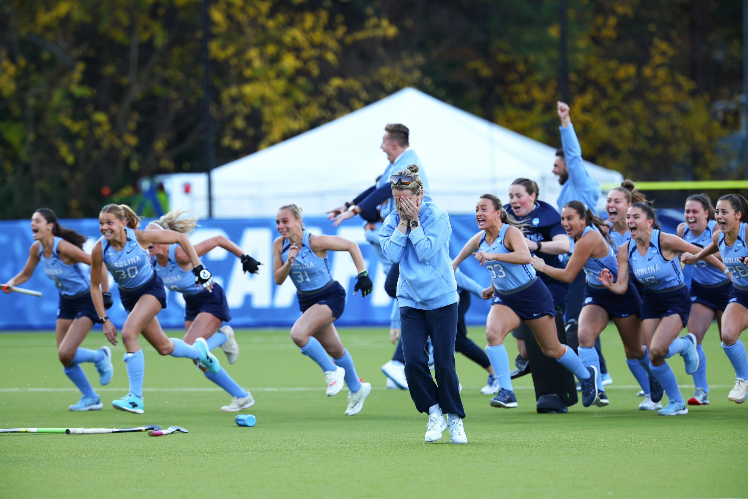  CHAPEL HILL, NORTH CAROLINA - NOVEMBER 19: Head Coach Erin Matson of the North Carolina Tar Heels can’t look after defeating the Northwestern Wildcats for the national title during the Division I Women’s Field Hockey Championship held at Karen Shelt