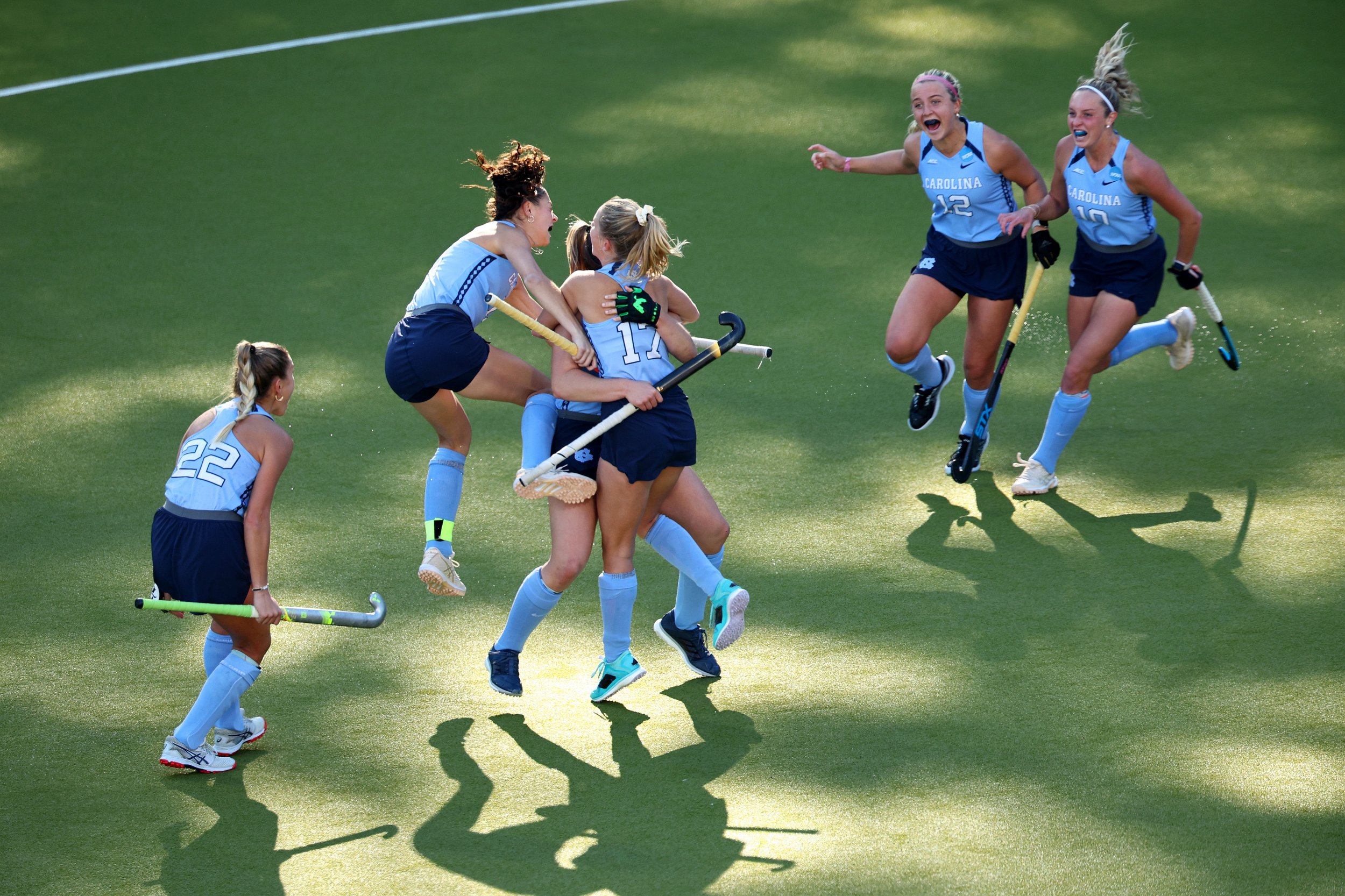  CHAPEL HILL, NORTH CAROLINA - NOVEMBER 19: The North Carolina Tar Heels celebrate their first goal against the Northwestern Wildcats during the Division I Women’s Field Hockey Championship held at Karen Shelton Stadium on November 19, 2023 in Chapel
