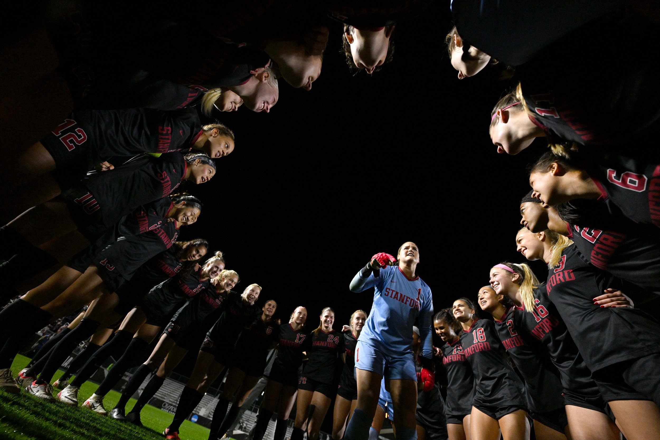  CARY, NORTH CAROLINA - DECEMBER 4: The Stanford Cardinal huddle before their game against the Florida State Seminoles during the Division I Women's Soccer Championship held at Wake Med Soccer Park on December 4, 2023 in Cary, North Carolina. (Photo 