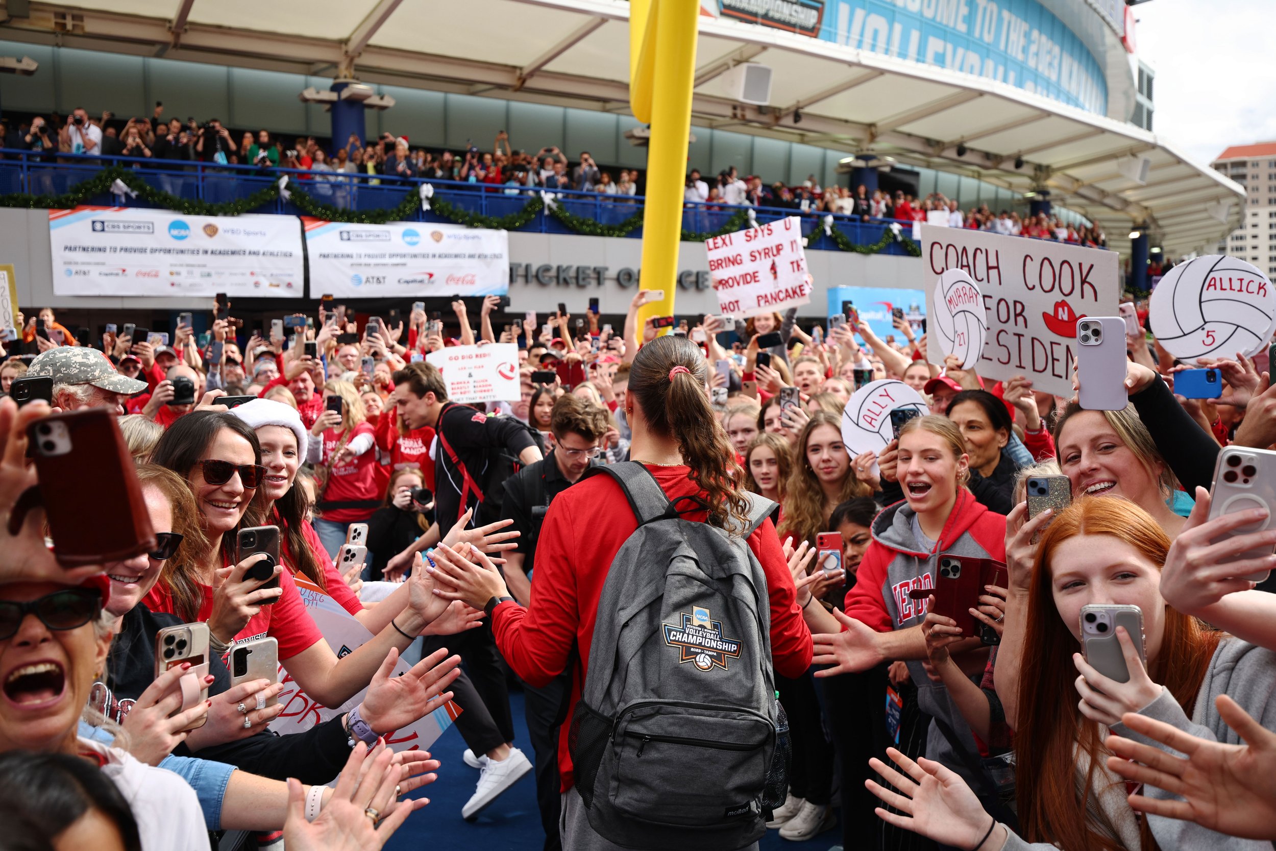  TAMPA, FLORIDA - DECEMBER 17: The Nebraska Cornhuskers arrive at Amalie Arena prior to the 2023 Division I Women's Volleyball Championship against the Texas Longhorns on December 17, 2023 in Tampa, Florida. (Photo by Jamie Schwaberow/NCAA Photos via