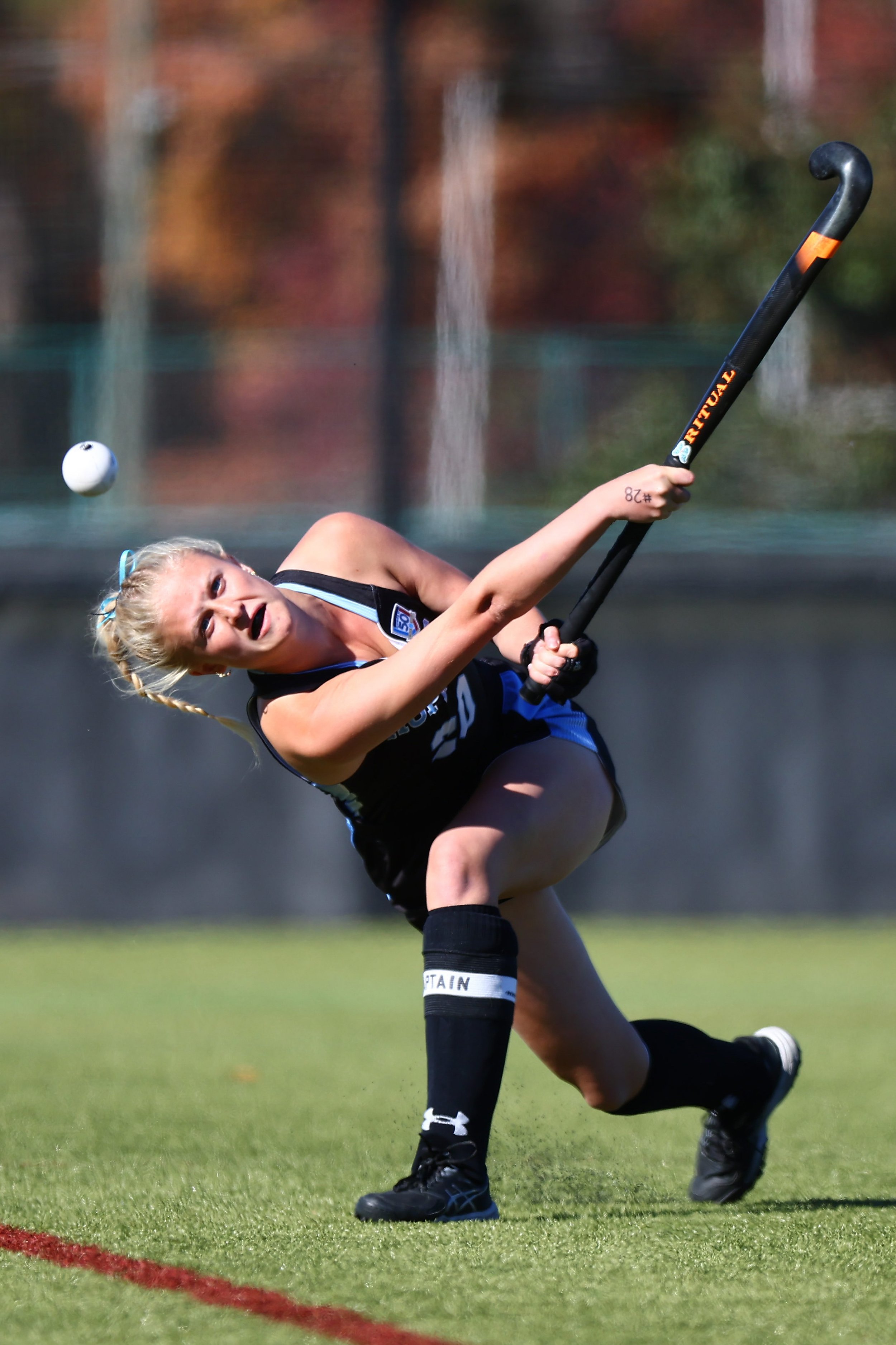  NEWPORT NEWS, VIRGINIA - NOVEMBER 19: Emily Knight #20 of the Johns Hopkins Blue Jays lifts a pass against the Middlebury Panthers during the Division III Field Hockey Championship held at Jennings Family Stadium on November 19, 2023 in Newport News