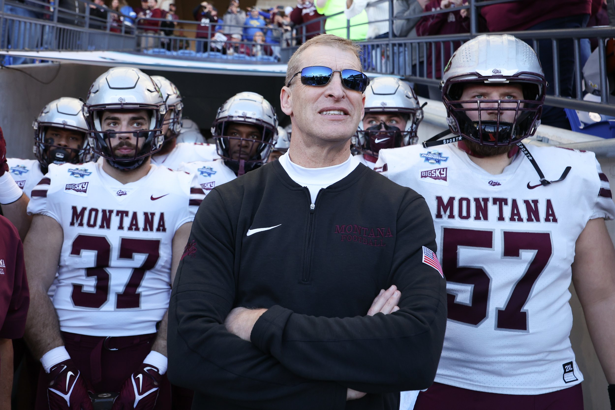  FRISCO, TEXAS - JANUARY 7: Head coach Bobby Hauck of the Montana Grizzlies looks on before taking the field against the South Dakota State Jackrabbits during the Division I FCS Football Championship held at Toyota Stadium on January 7, 2024 in Frisc