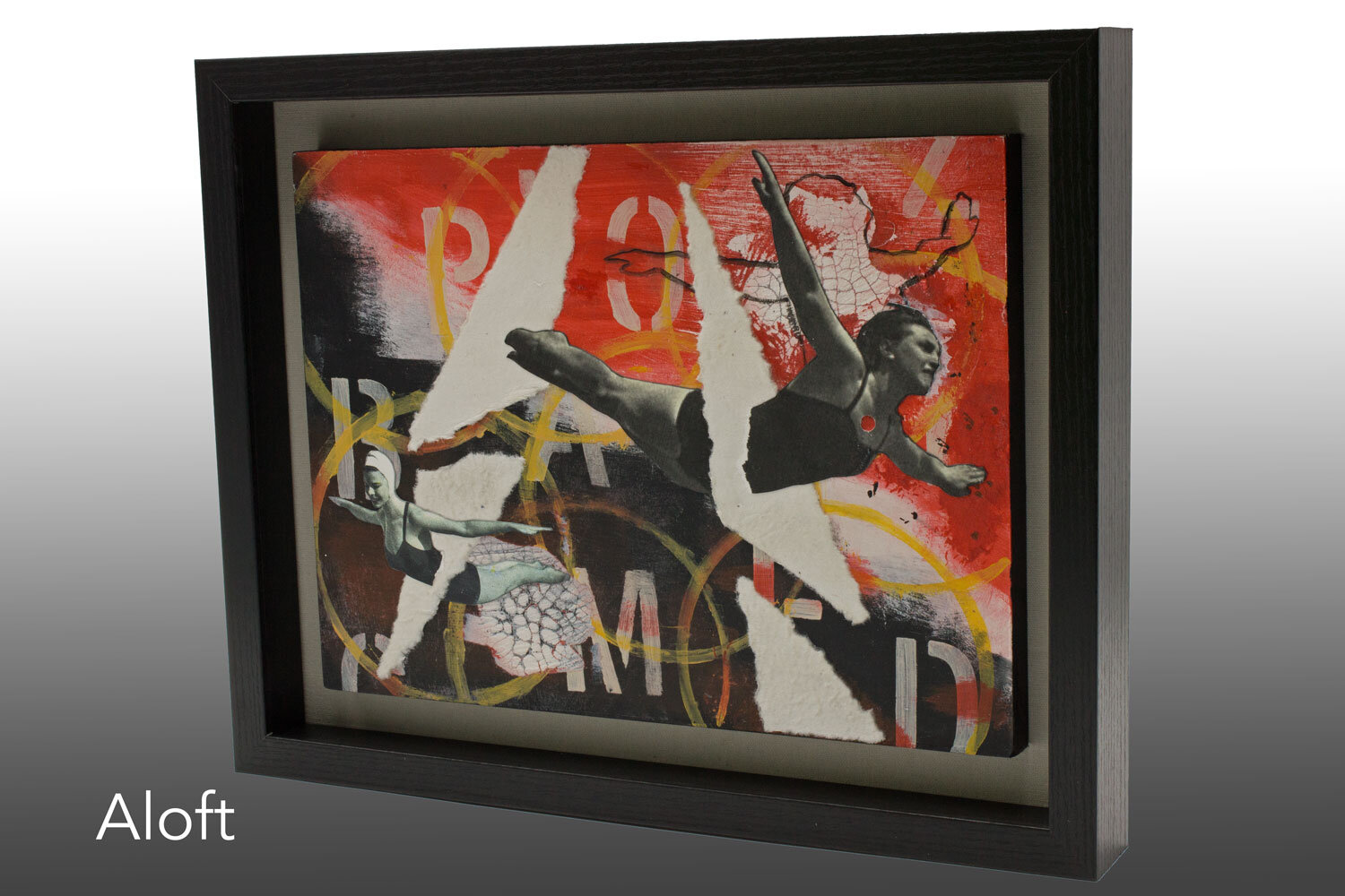 Aloft, mixed media collage with shadow box frame