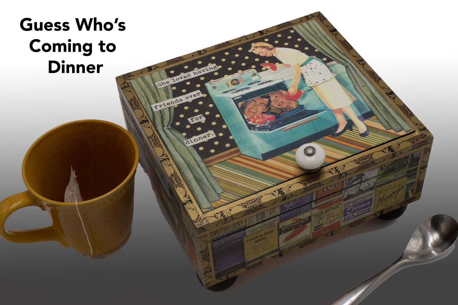 Guess Who's Coming to Dinner wooden jewelry box and tea caddy