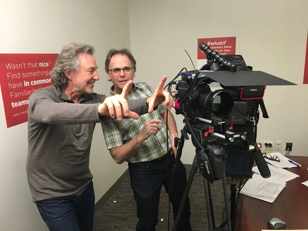 Director Joel Lesko and cinematographer Dan Gold consider their next shot in the filming of Defeating Unconscious Bias.