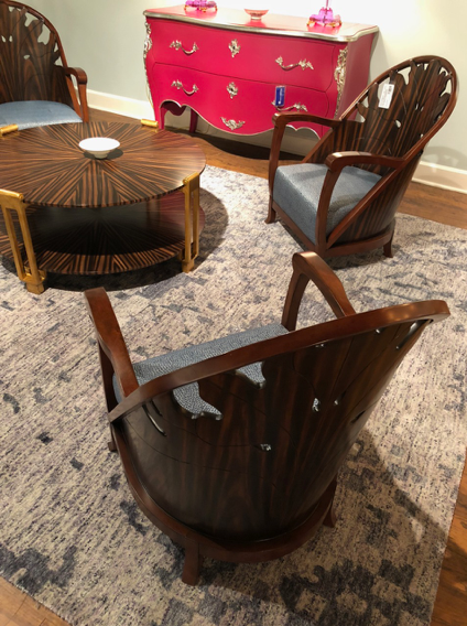 French Heritage How about this hot pink Bombe chest hiding behind these Art Deco chairs? I am still desperately trying to find a place for these gorgeous and surprisingly comfortable chairs.