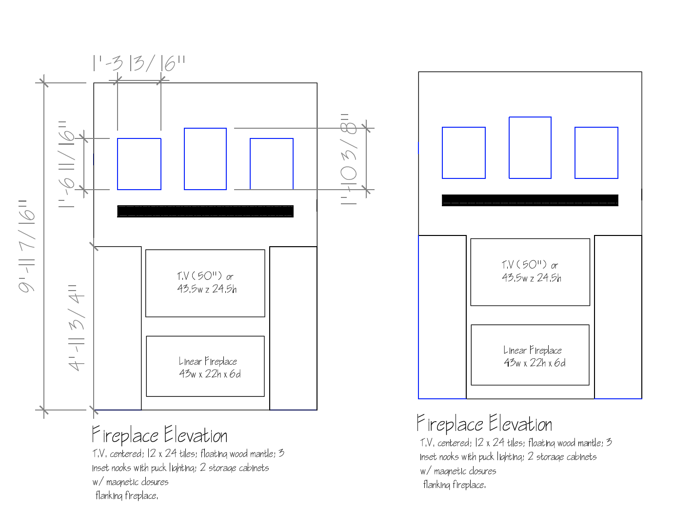 New re-designed fireplace with three niches lit with LED lights, floating mantle shelf and two storage cabinets flanking the wall-mounted linear fireplace.