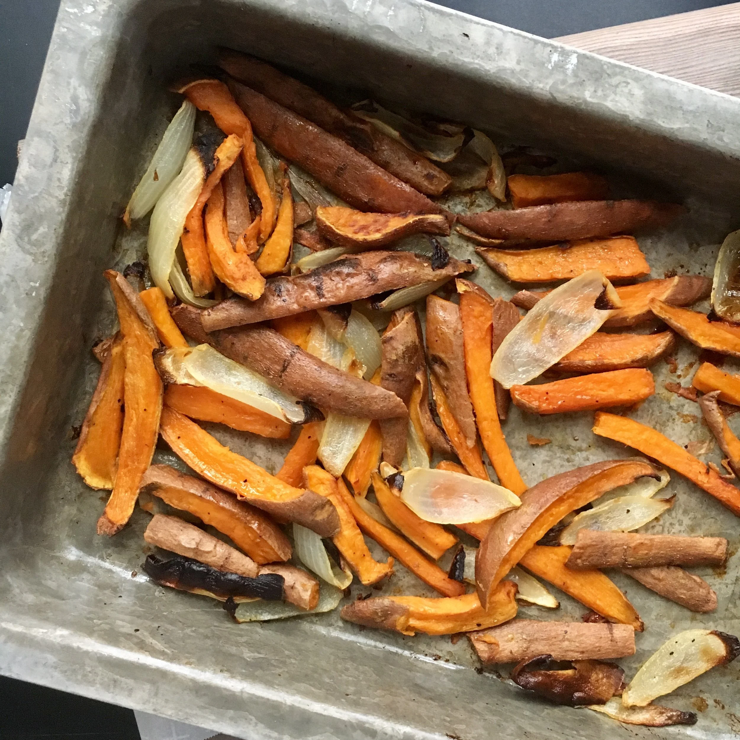 Roasted Sweet Potato Fries with Onion