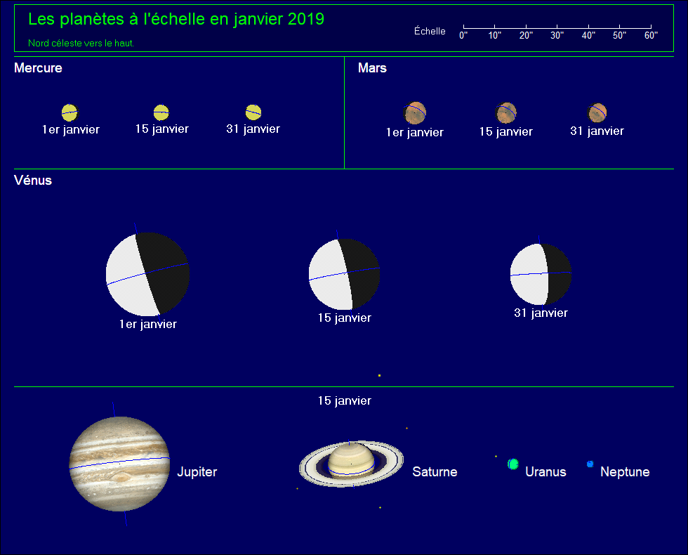 Les planètes à l’échelle pour le mois de Janvier 2019