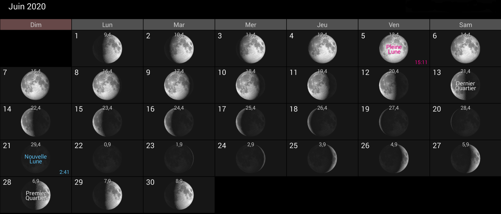 Les phases de la Lune pour de juin 2020