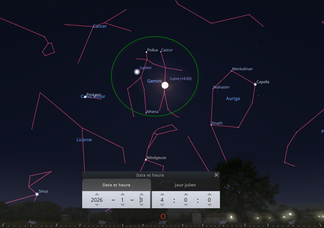 Rencontre de la pleine Lune et Jupiter dans les Gémeaux