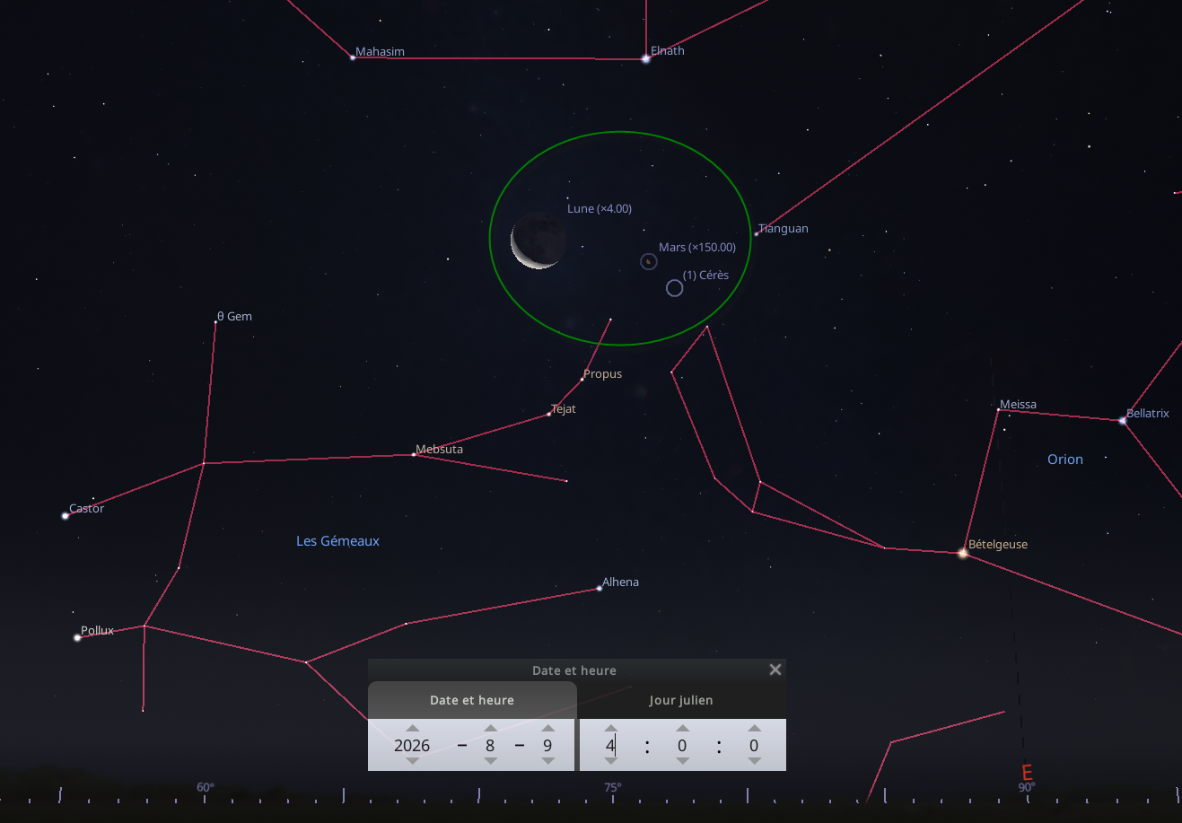 Rapprochement entre la Lune, Mars et Cérès