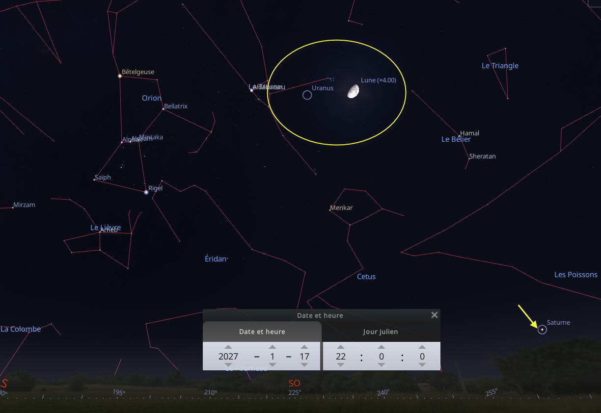 Rapprochement entre la Lune, Messier 45 et Uranus