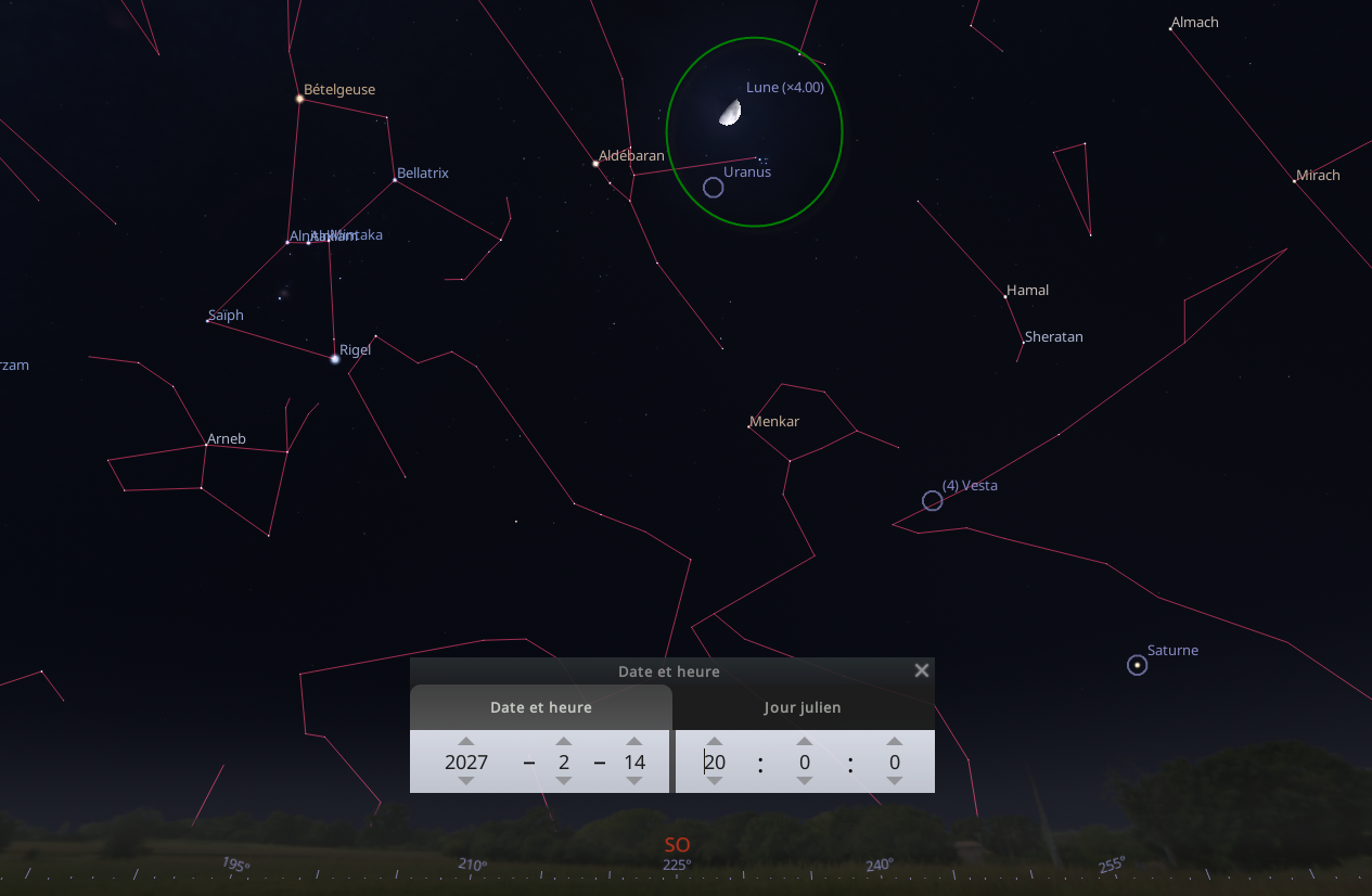 Rapprochement entre la Lune, Messier 45 et Uranus.