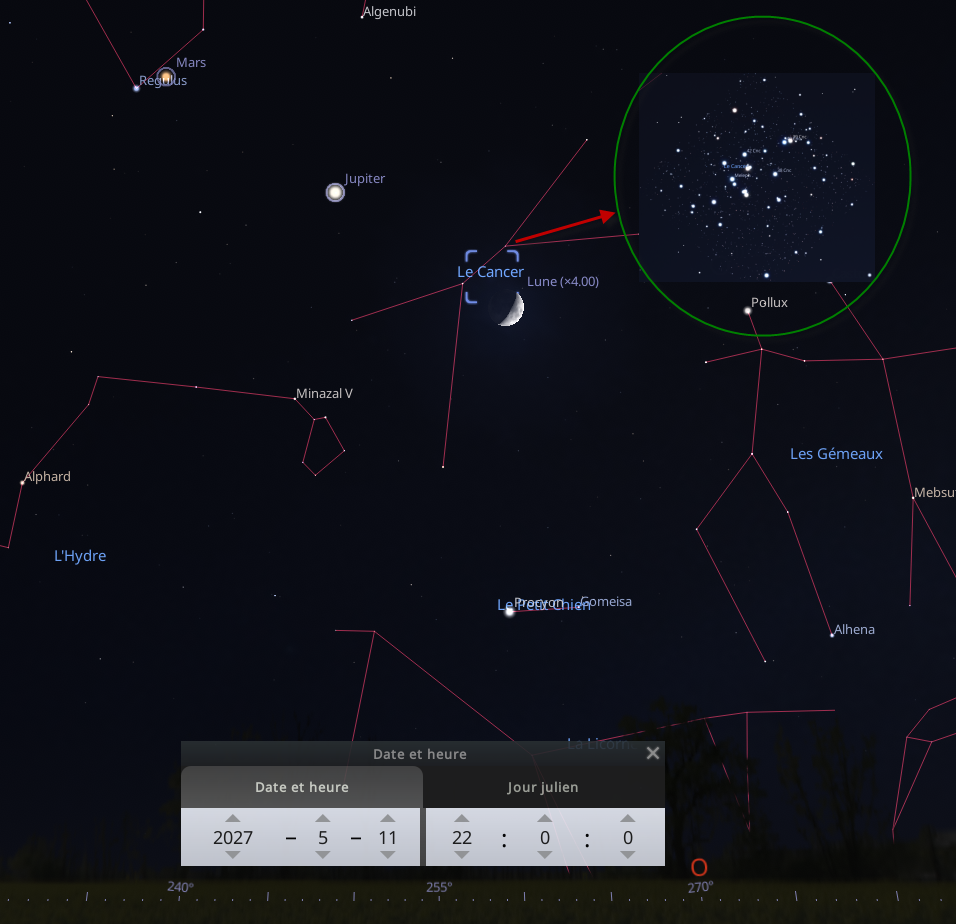 Rapprochement entre la Lune et l'amas de la Crèche