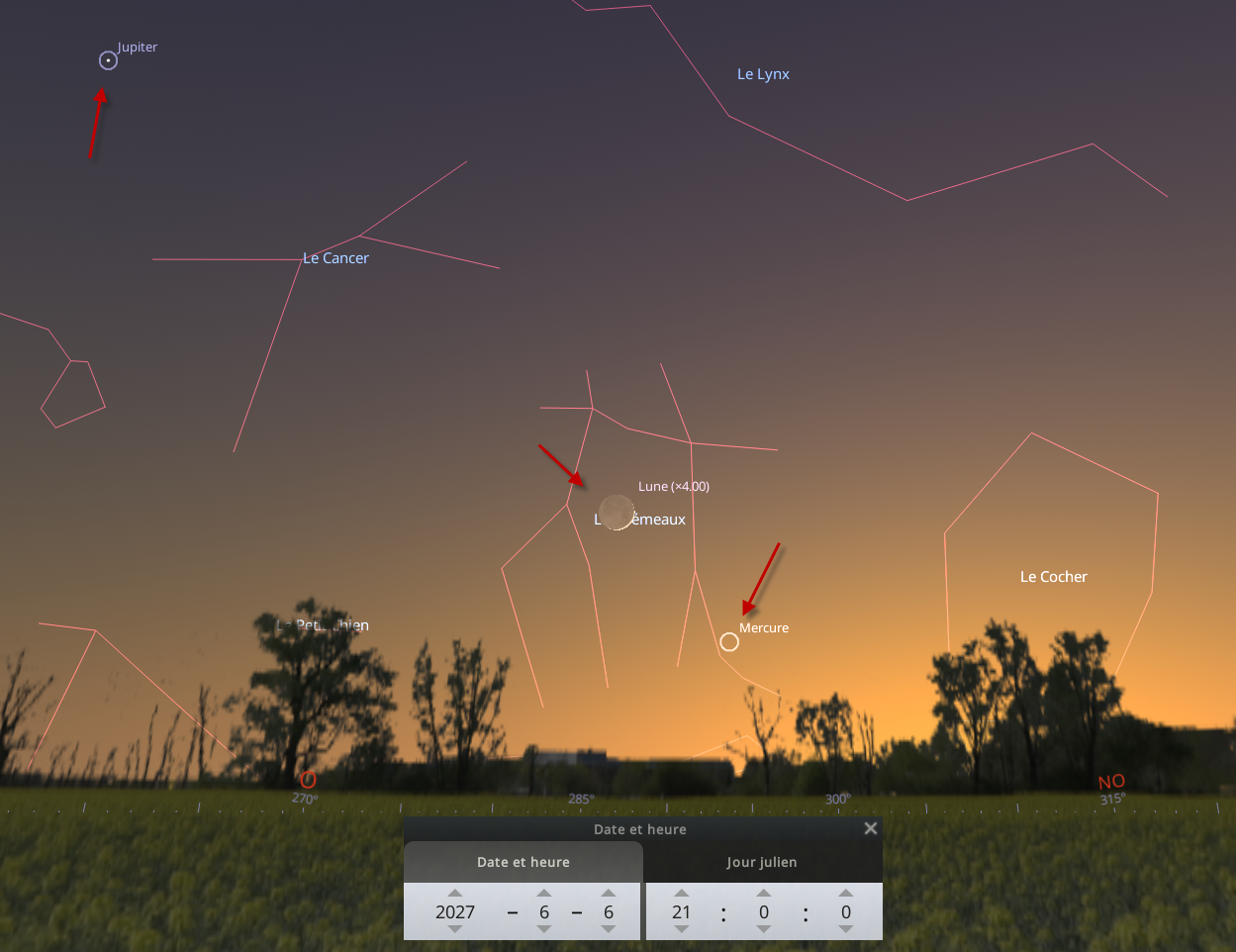 Lumière cendrée après le coucher du Soleil et rapprochement avec Mercure