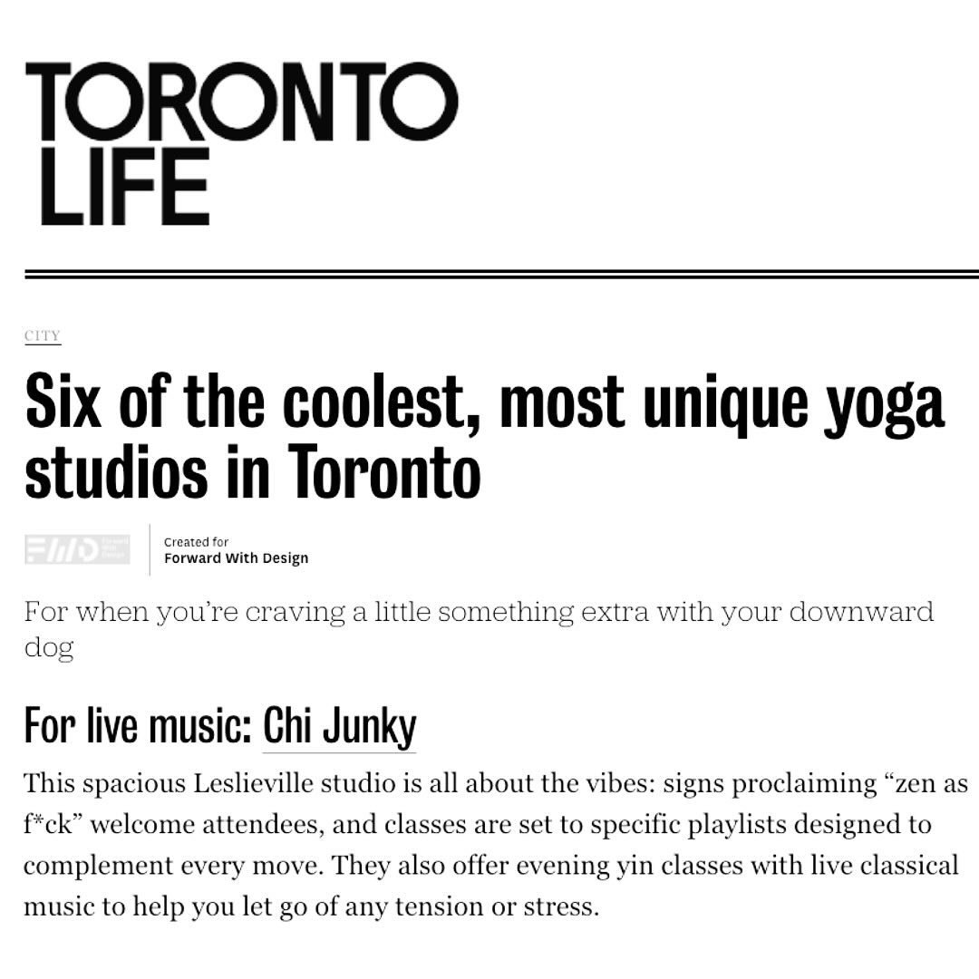 Well this was a welcome surprise! Thank you to @torontolife for naming Chi Junky 1 of 6 of the &ldquo;coolest most unique yoga studios in Toronto&rdquo; 

We were added to the top 6 list for our live music events and music driven class concepts. 

Sw