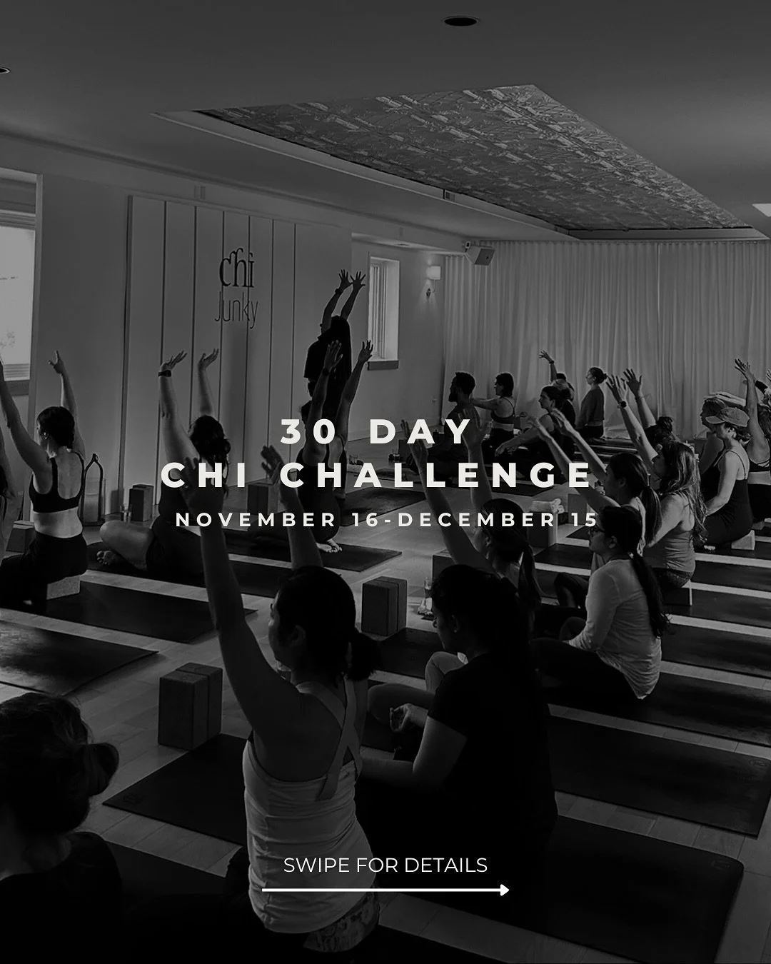 30 DAY CHI CHALLENGE IS BACK 
⭐️⭐️ ⭐️ ⭐️ ⭐️ ⭐️ ⭐️ ⭐️ ⭐️ ⭐️ 

30 days to take as many classes as you can and win BIG! Plus, Chi challengers get a few special prizes along the way. 

⭐️THE CHALLENGE PASS⭐️
*Unlimited classes from Nov. 16 - Dec 15 
*Inc