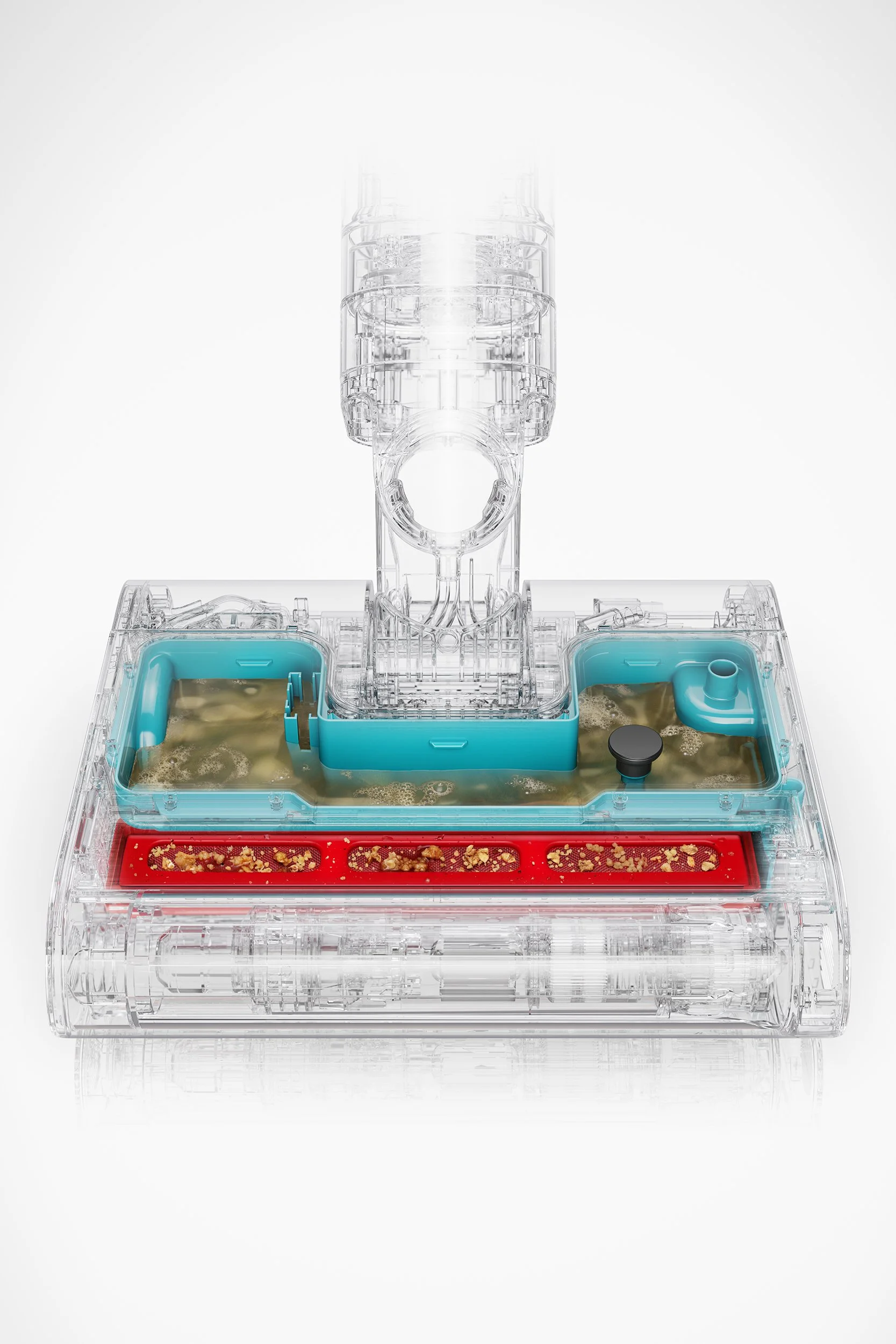 A transparent, glass effect, Dyson vacuum cleaner head with a compartment filled with dirty water, and a red trap with debris, on a white background.