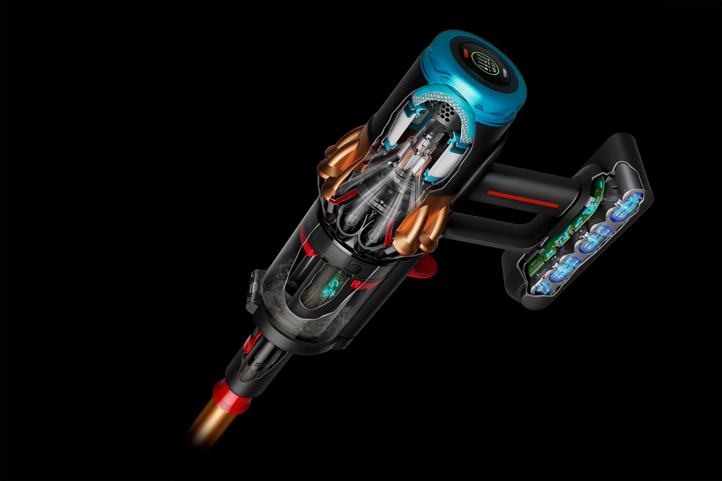 Cross-section of Dyson vacuum cleaner showing internal components including motor, filters, and dust collection system, set against a black background.
